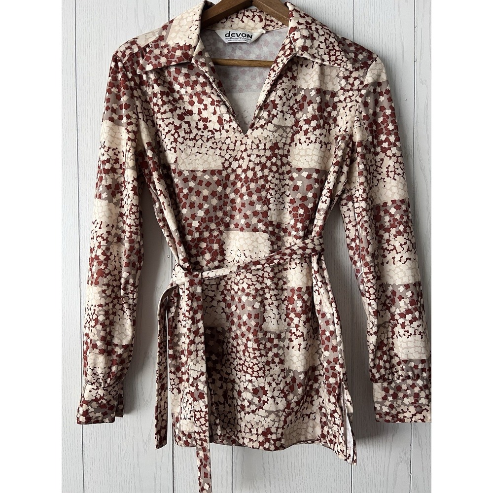 1970s Devon Disco Blouse Geometric Floral Dagger Collar Belted Neutral AOP